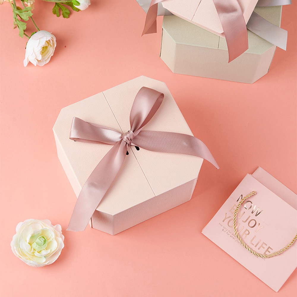 2x Pink Gift Box with Lids for Presents, Bridesmaid and Groomsmen Proposal Boxes Pink with Ribbons and Textures for Birthday