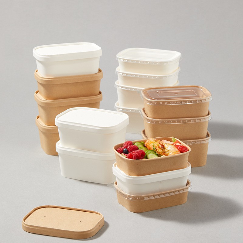 Strong Disposable Kraft Paper Bowl w/ Snug Lid, Stack Microwave Freeze Safe, Cardboard Bento Box for Hot Cold To Go, Meal Prep Food Container Box for Party Supply Salad Noodle