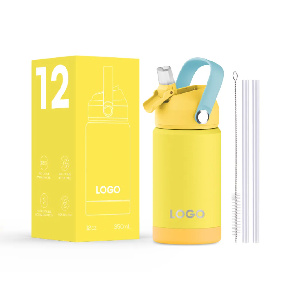 12oz OEM Carton Pattern Insulated Stainless Steel Vacuum Flask Water Bottles With Straw Lid For Kids