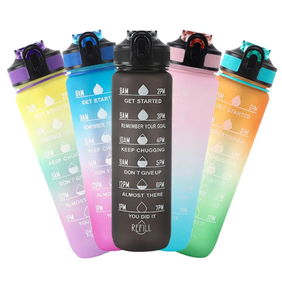 New trend 32oz/1000ml BPA FREE Gradient Color Motivational Gym Fitness Sports plastic water bottle with time marker