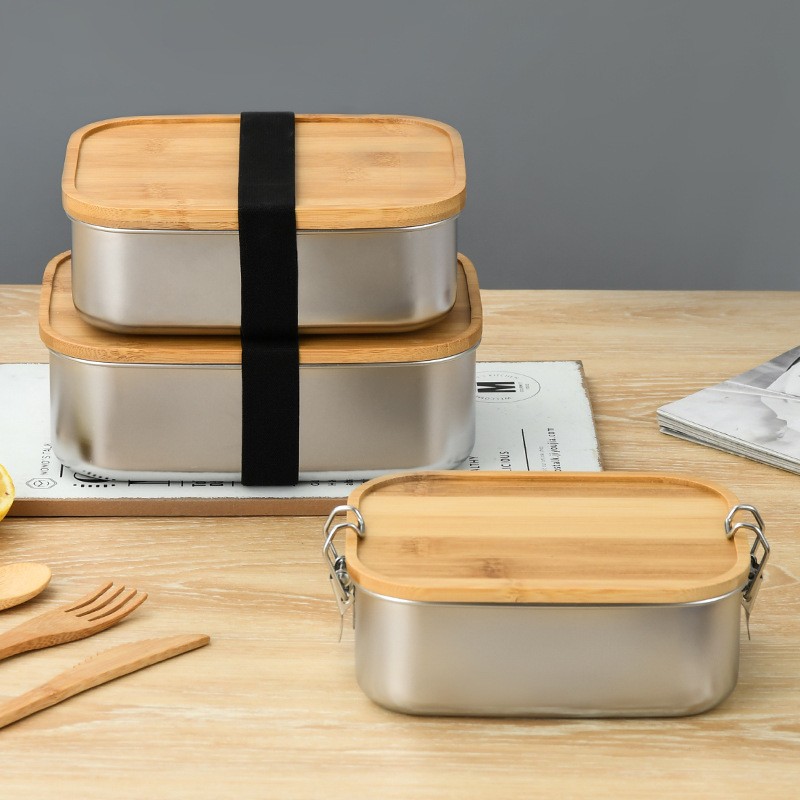 304 Food Grade Stainless Steel Outdoor Portable Bento Box with Bamboo Lid