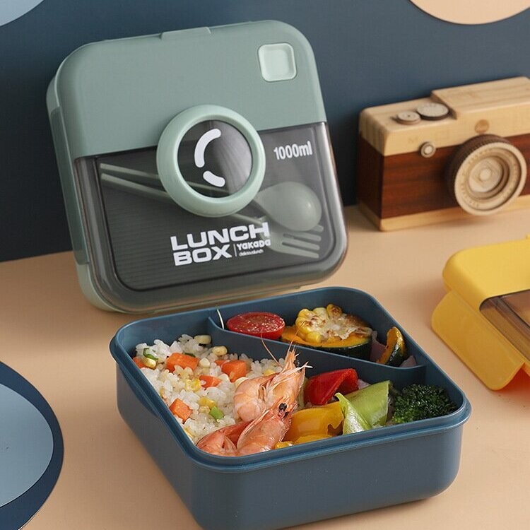 Divided Plastic Lunch Box with Fork and Spoon for Meal Preparation